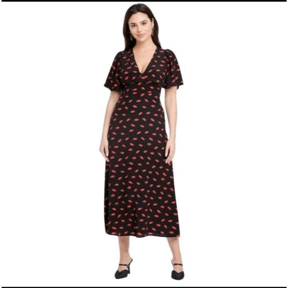 A New Day Women's Lip Print Short Sleeve Maxi Sundress Sz 12 Black Red NEW